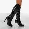 PUBLIC DESIRE PEPPA BLACK PATENT BLOCK HEEL KNEE HIGH BOOTS