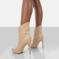 Public Desire PUBLIC DESURE QUINN NUDE PATENT HEELED STILETTO ANKLE BOOTS
