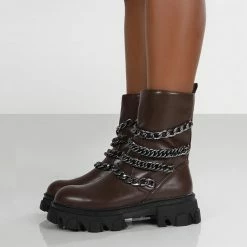 PUBLIC DESIRE RESTRAIN CHOCOLATE PU CHAIN DETAIL CHUNKY SOLE ANKLE BOOT
