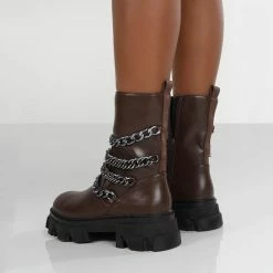 PUBLIC DESIRE RESTRAIN CHOCOLATE PU CHAIN DETAIL CHUNKY SOLE ANKLE BOOT