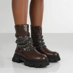 PUBLIC DESIRE RESTRAIN CHOCOLATE PU CHAIN DETAIL CHUNKY SOLE ANKLE BOOT