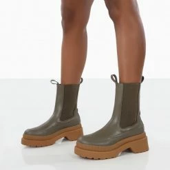 PUBLIC DESIRE RISE KHAKI CHUNKY RUBBER SOLE CHELSEA BOOTS