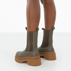PUBLIC DESIRE RISE KHAKI CHUNKY RUBBER SOLE CHELSEA BOOTS