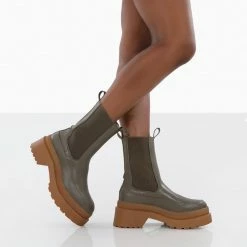 PUBLIC DESIRE RISE KHAKI CHUNKY RUBBER SOLE CHELSEA BOOTS