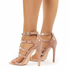PUBLIC DESIRE SARA NUDE PATENT STUDDED HEELS