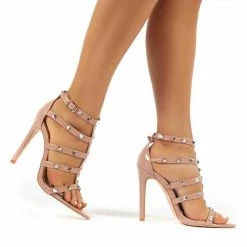 PUBLIC DESIRE SARA NUDE PATENT STUDDED HEELS