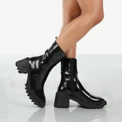 PUBLIC DESIRE SWAY BLACK PU HEELED WELLIES ANKLE BOOTS