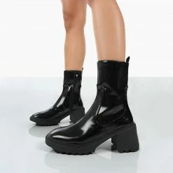 PUBLIC DESIRE SWAY BLACK PU HEELED WELLIES ANKLE BOOTS