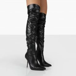 PUBLIC DESIRE TIANNA BLACK PU POINTED TOE OVER THE KNEE STILETTO BOOTS