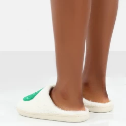 Public Desire SMILE GREEN PRINTED SMILEY FACE SLIPPERS
