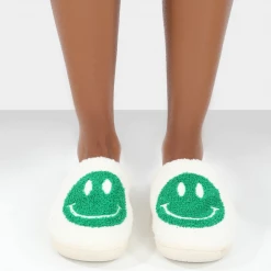 Public Desire SMILE GREEN PRINTED SMILEY FACE SLIPPERS