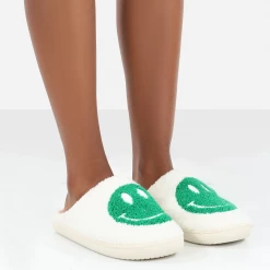 Public Desire SMILE GREEN PRINTED SMILEY FACE SLIPPERS