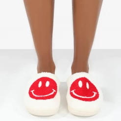 Public Desire SMILE RED PRINTED SMILEY FACE SLIPPERS
