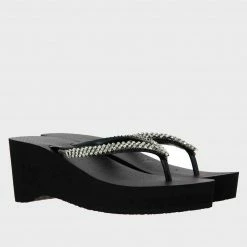 UZURII Stone Detail Mid Heel Wedge Sandal BLACK